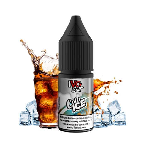 Frasco IVG Salt Cola Ice con tapón negro, delante de un vaso de refresco oscuro con salpicaduras y cubitos de hielo.
