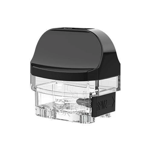 Cartucho Smok Nord X transparente con boquilla negra ancha y tapón lateral marcado «RPM2», visto en perspectiva sobre fondo blanco.