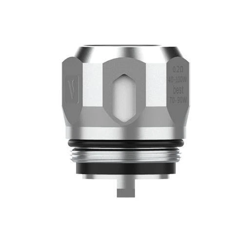 Resistencia de vapeo plateada con ventana lateral, base roscada y junta negra; lleva grabados 0,2 Ω y 40–90 W.
