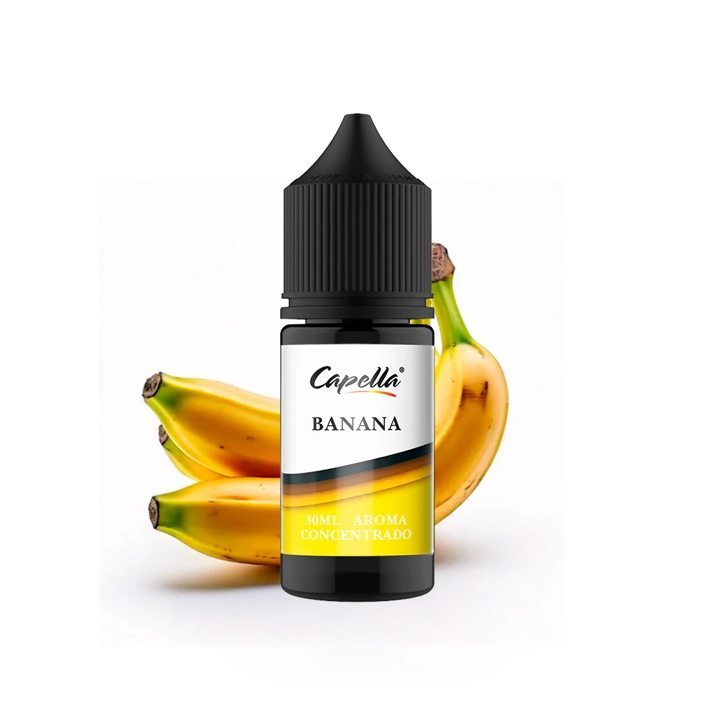Frasco de Capella Banana con tapón negro estriado y etiqueta de 30 ml de aroma concentrado, con plátanos al fondo.