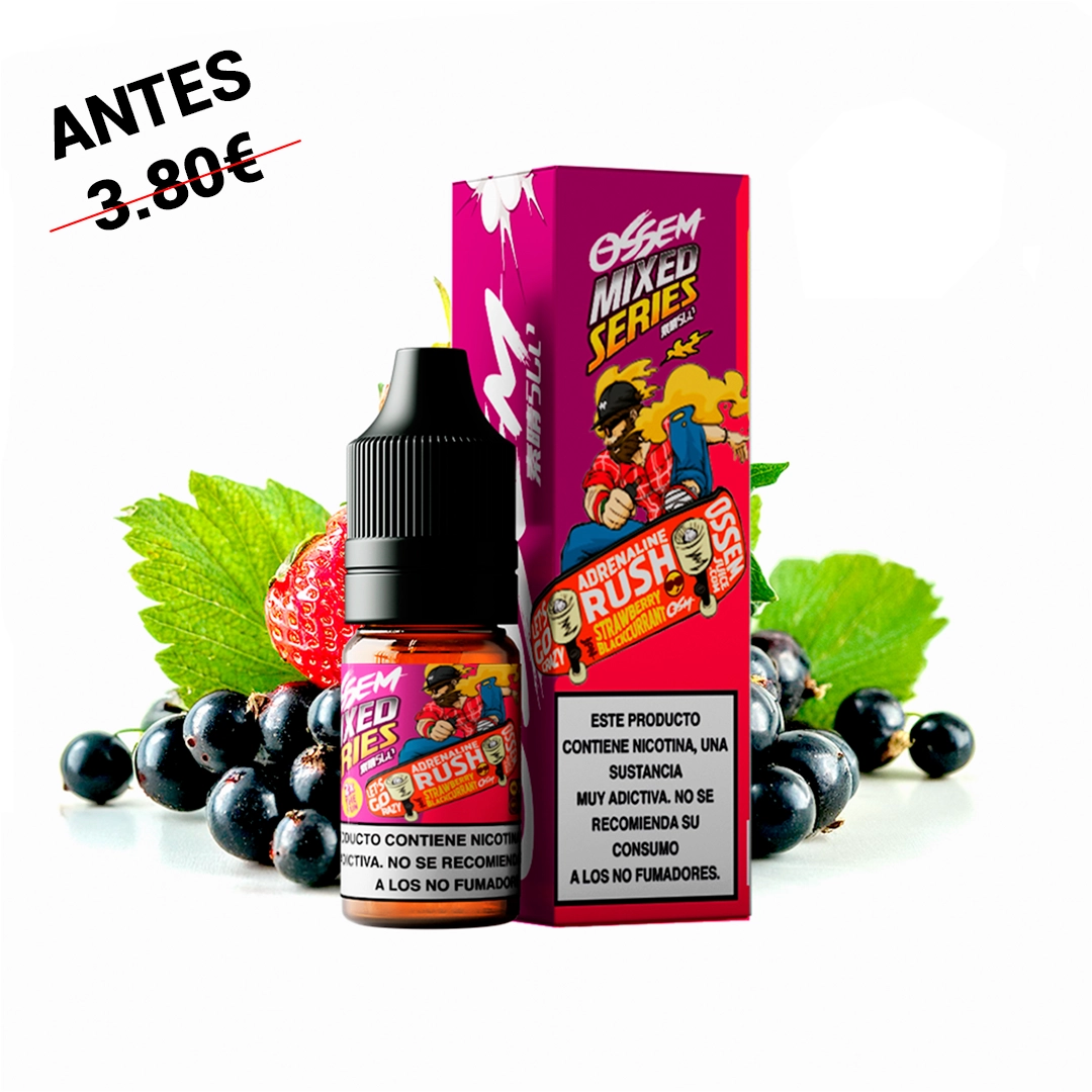 Frasco Ossem Salts Adrenaline Rush Strawberry Blackcurrant con tapón negro y caja rosa, rodeado de fresas y grosellas negras.