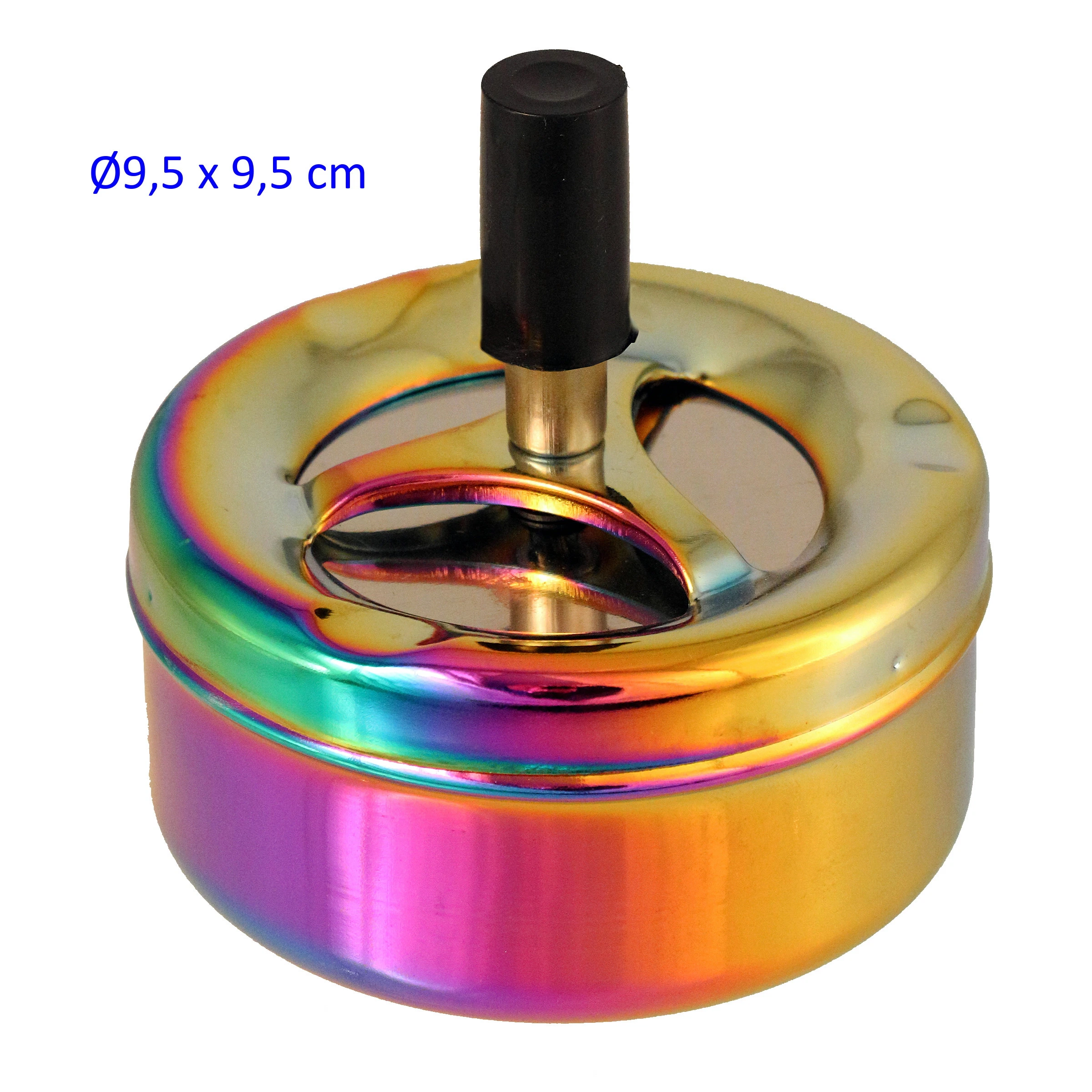 Cenicero automático rainbow de cuerpo redondo con acabado iridiscente, tapa con aberturas y pulsador central negro.