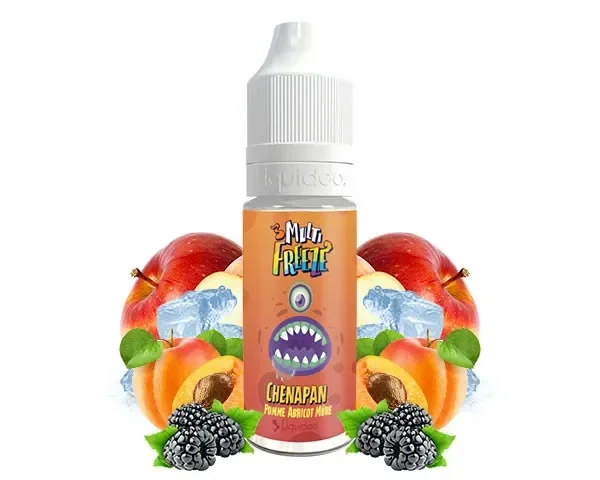 Frasco Chenapan Multi Freeze de Liquideo con tapón blanco y etiqueta naranja, rodeado de manzanas, albaricoques, moras y hielo.