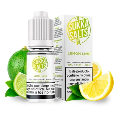 Frasco de Sukka Salts Lemon Lime con tapón blanco junto a su caja, rodeado de lima y limón, con advertencias sobre nicotina.