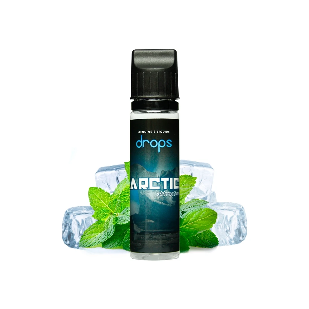 Frasco de Drops Arctic Attraction con tapón negro y etiqueta azul oscura, rodeado de hojas de menta y cubitos de hielo.