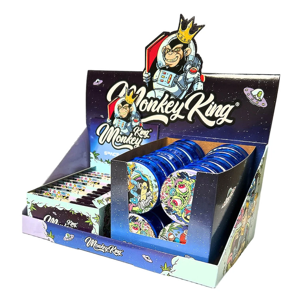 Expositor Monkey King con grinders redondos azules y librillos de papel, decorado con monos astronautas y motivos espaciales.