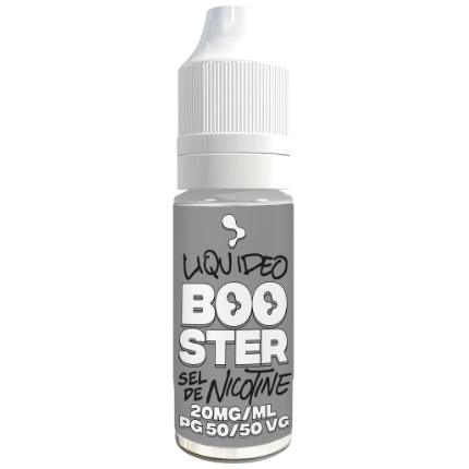 Frasco Liquideo Booster con tapón blanco y etiqueta gris que indica sales de nicotina, 20 mg/ml y proporción PG 50/50 VG.