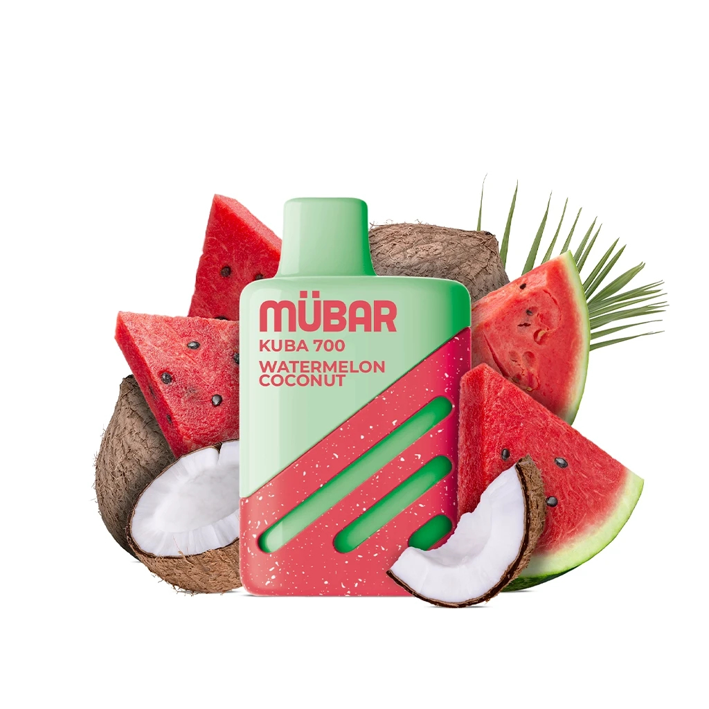 Vapeador Mübar Kuba 700 Watermelon Coconut verde y rojo, rodeado de trozos de sandía y coco sobre fondo blanco.