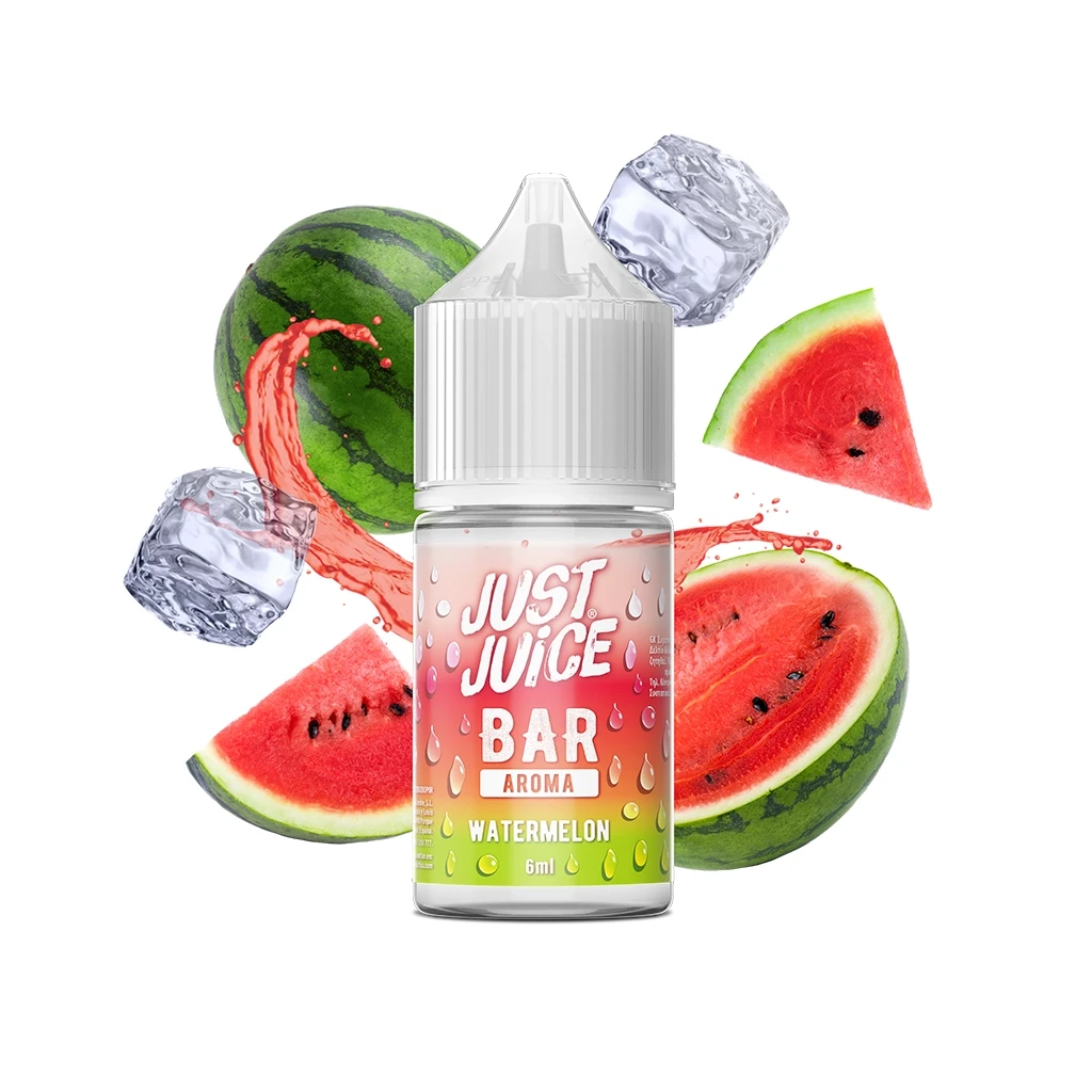 Bote Just Juice Bar Watermelon Longfill de 6 ml con tapón blanco, rodeado de sandía, cubitos de hielo y una salpicadura roja.