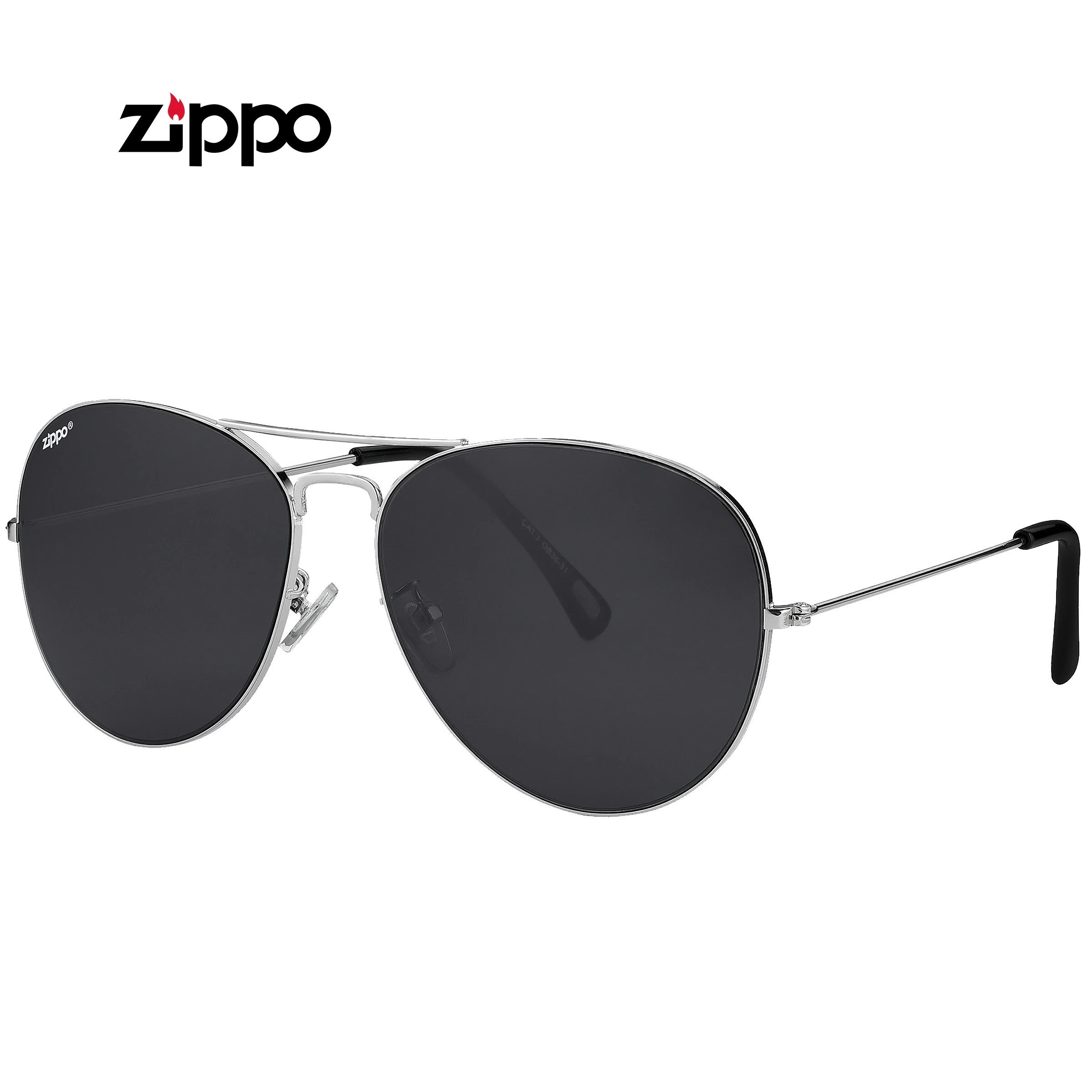 Gafas de sol OB36-31 Zippo de estilo aviador, con lentes oscuras, montura plateada fina, doble puente y terminales negros.