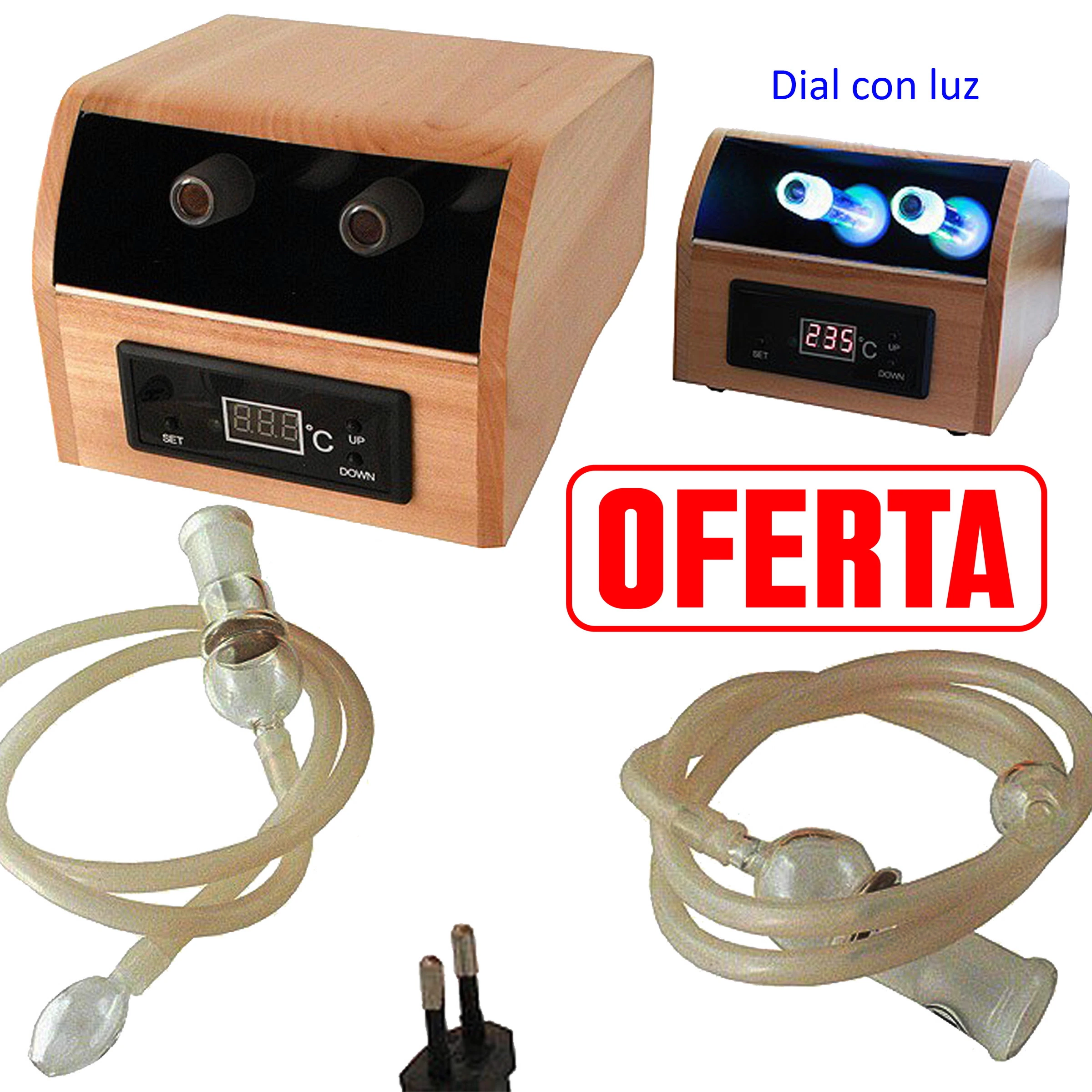 Vaporizador con carcasa de aspecto madera, dos boquillas y pantalla digital, junto a tubos flexibles y una vista con iluminación azul.