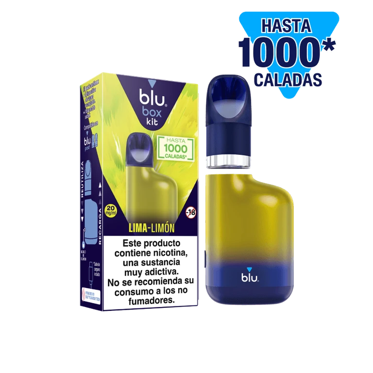 Blu Box Kit Lima Limón amarillo y azul junto a su caja, con indicación de 20 mg/ml y advertencia sobre la nicotina.
