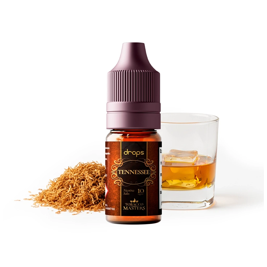 Frasco Drops Tobacco Masters Salts Tennessee con tapón morado, junto a tabaco picado y un vaso con líquido ámbar y hielo.