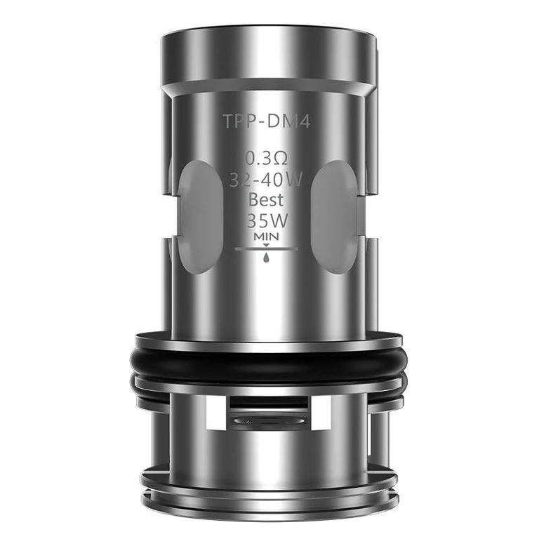 Resistencia VOOPOO TPP-DM4 plateada con juntas negras e inscripción de 0,3 Ω, rango de 32–40 W y potencia recomendada de 35 W.