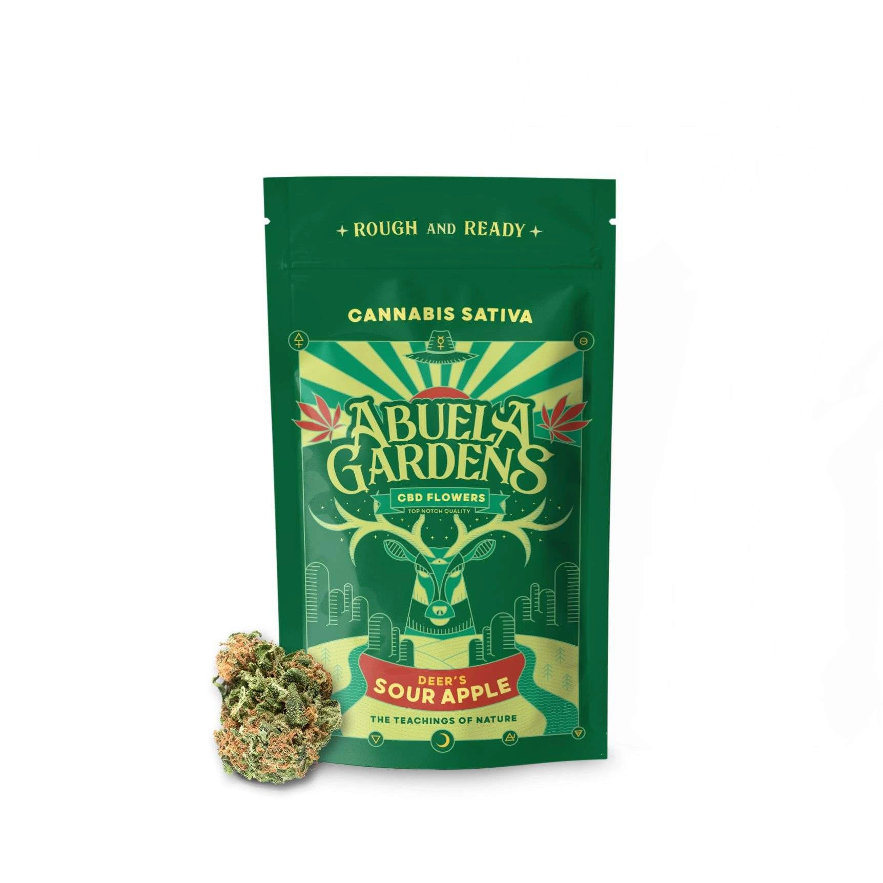 Bolsa verde de Sour Apple de La Abuela Gardens, con ilustración de ciervo y un cogollo junto a la base sobre fondo blanco.