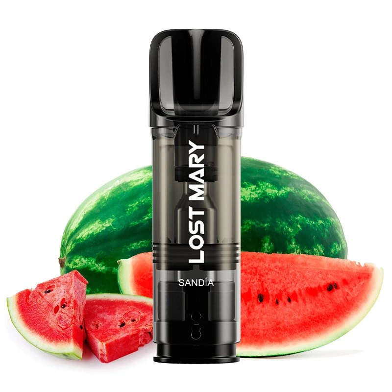 Producto Lost Mary con cuerpo oscuro translúcido, boquilla negra y texto «Sandía», delante de una sandía entera y varios trozos.