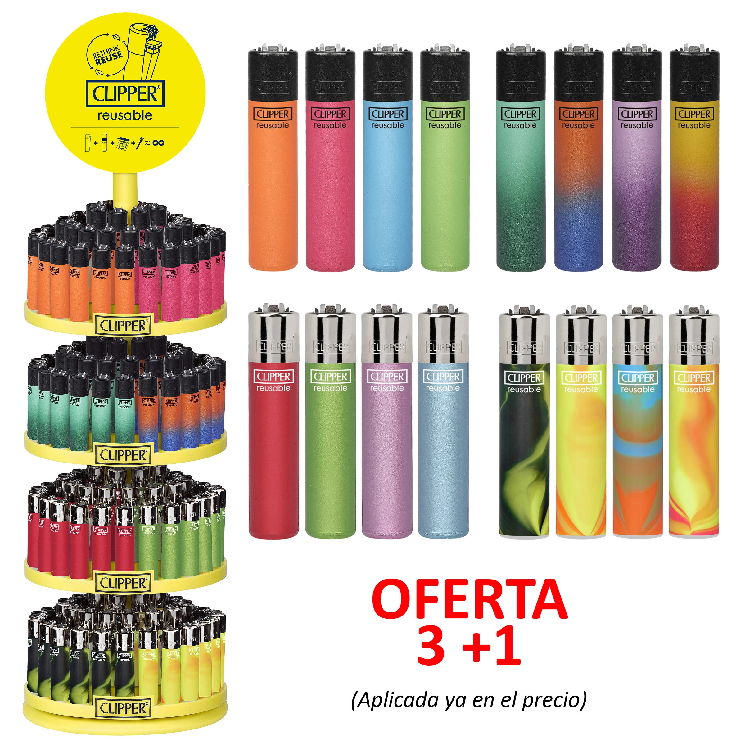 Selección de mecheros Clipper de colores lisos y degradados, junto a un expositor circular amarillo con varios niveles.