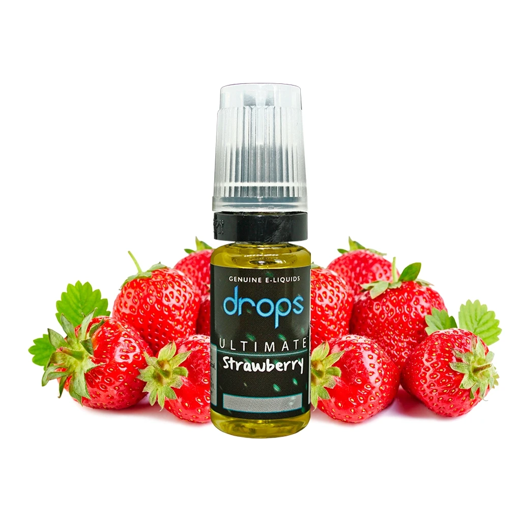 Frasco de Drops Ultimate Strawberry con etiqueta negra y tapón translúcido, rodeado de fresas sobre fondo blanco.