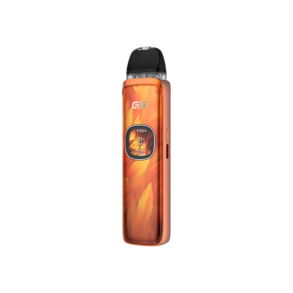 Uwell Caliburn G5 Pod Kit naranja con diseño de llamas, boquilla negra y pantalla frontal, mostrado ligeramente de lado sobre fondo blanco.