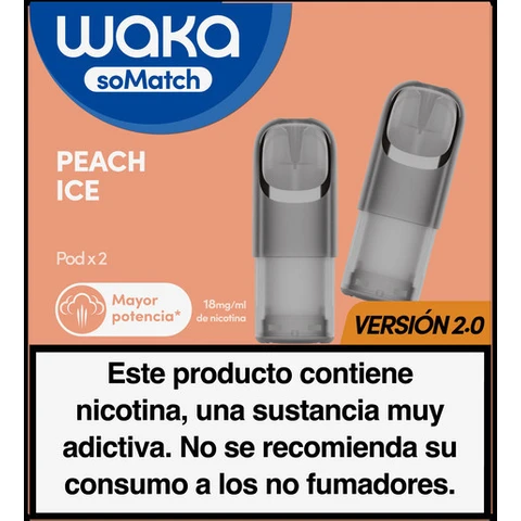 Caja de Waka soMatch Peach Ice con dos pods ilustrados, indicación de 18 mg/ml, versión 2.0 y advertencia sobre la nicotina.