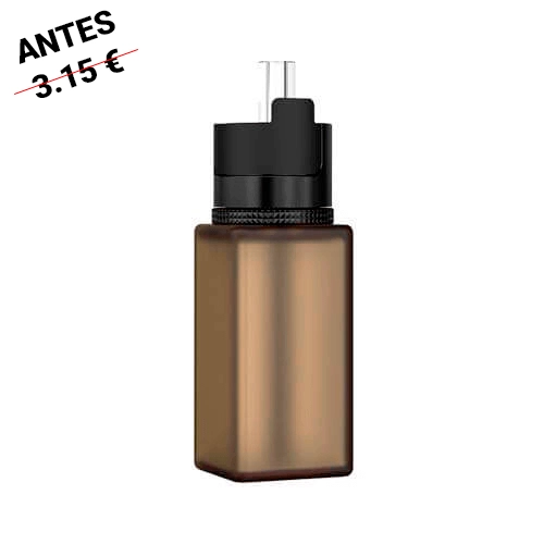 Botella squonk Vandy Vape Requiem BF de cuerpo rectangular marrón translúcido, con tapón negro y tubo transparente sobre fondo blanco.