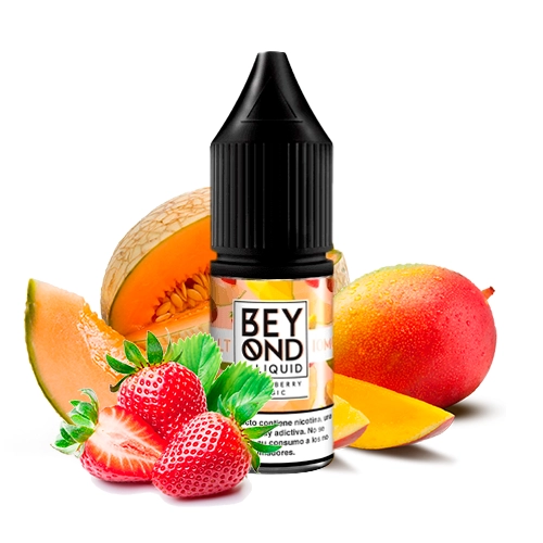 Frasco Beyond Salts Sour Mangoberry Magic con tapón negro, rodeado de fresas, melón y mango sobre fondo blanco.