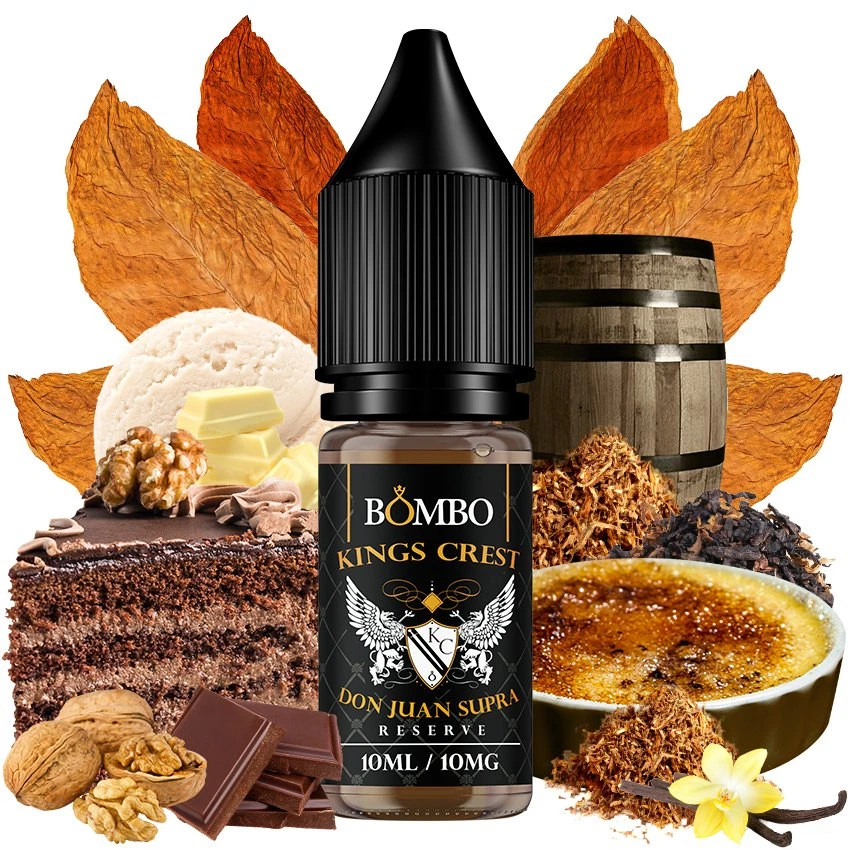 Frasco Don Juan Supra Reserve de Bombo y Kings Crest, rodeado de hojas de tabaco, barril, tarta de chocolate, nueces y crema caramelizada.