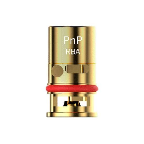 Resistencia Voopoo PnP RBA de cuerpo cilíndrico dorado, con inscripción blanca, aberturas laterales y junta roja sobre fondo blanco.
