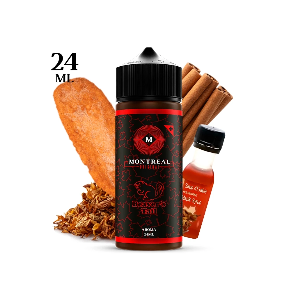 Bote Montreal Original Beavers Tail de 24 ml con etiqueta negra y roja, rodeado de canela, una pieza de repostería, tabaco y sirope de arce.