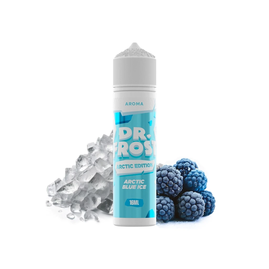 Bote Dr Frost Arctic Blue Ice de 16 ml con etiqueta turquesa y tapón blanco, junto a hielo y frutos azules cubiertos de escarcha.