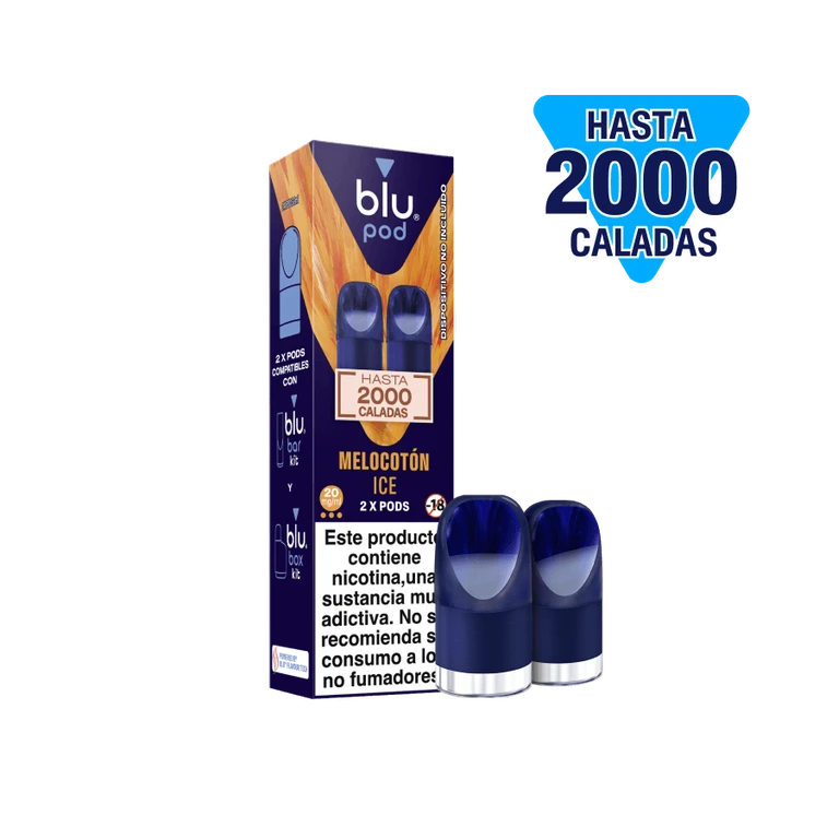Pods Blu Melocotón Ice junto a su caja morada y naranja, con indicación de 20 mg y un rótulo de hasta 2000 caladas sobre fondo negro.