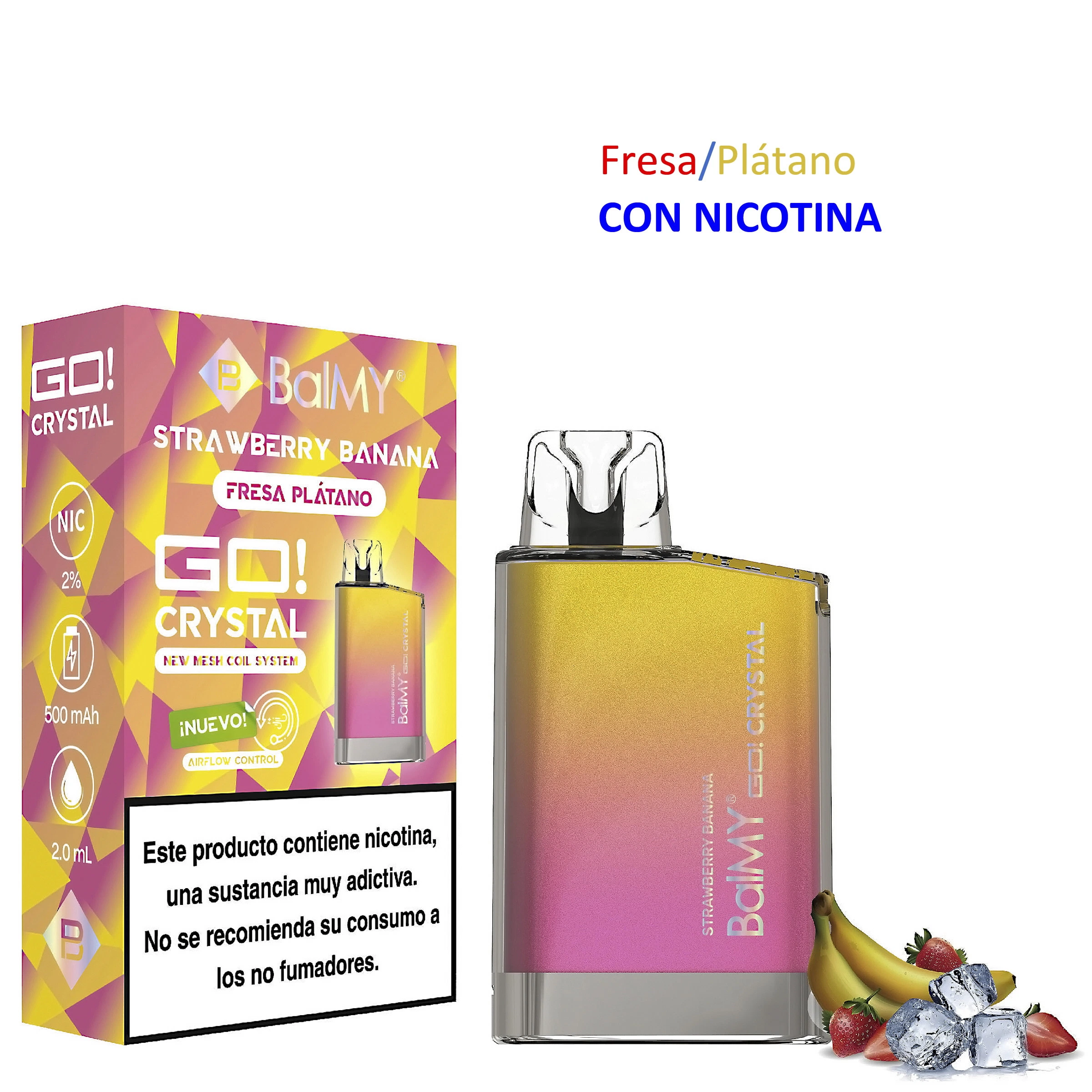 Vapeador BALMY GO CRYSTAL Strawberry-Banana de cuerpo amarillo y rosa junto a su caja, con texto «CON NICOTINA», fresas, plátanos y hielo.