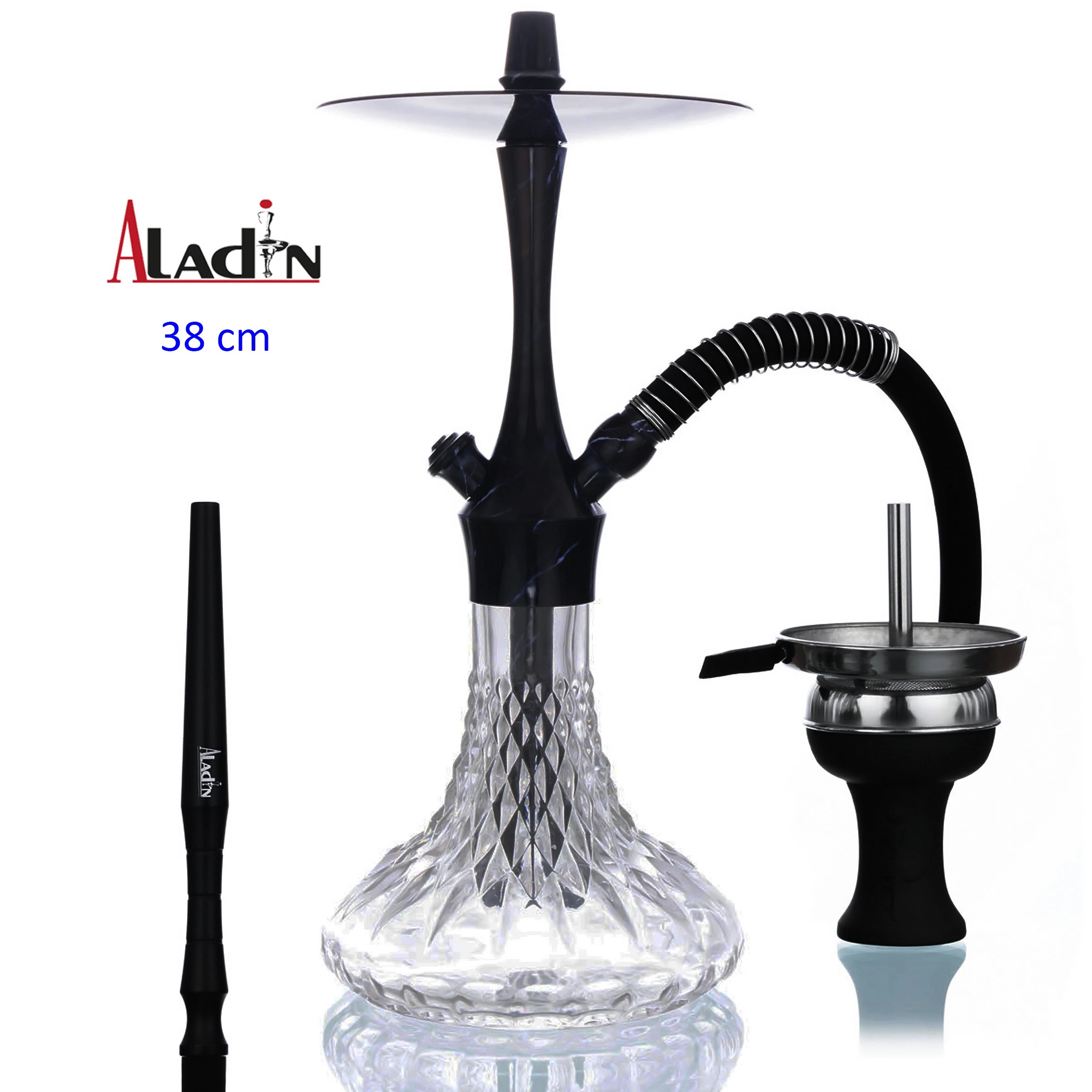 Shisha ALADIN ALUX 380 negra con base transparente facetada, manguera curva y plato superior; boquilla y cazoleta mostradas a los lados.