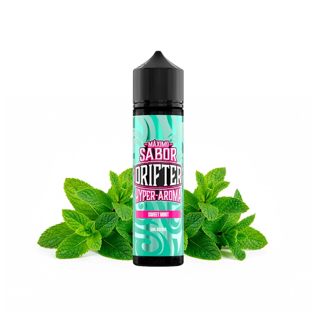 Bote Drifter Hyper Sweet Mint Longfill con tapón negro y etiqueta turquesa, rodeado de hojas de menta sobre fondo blanco.