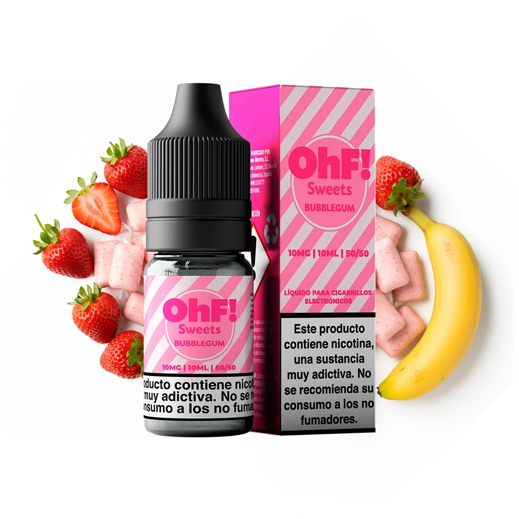 Frasco y caja rosa de OhF Sweets Bubblegum con advertencia de nicotina, junto a fresas, un plátano y piezas de chicle rosas.