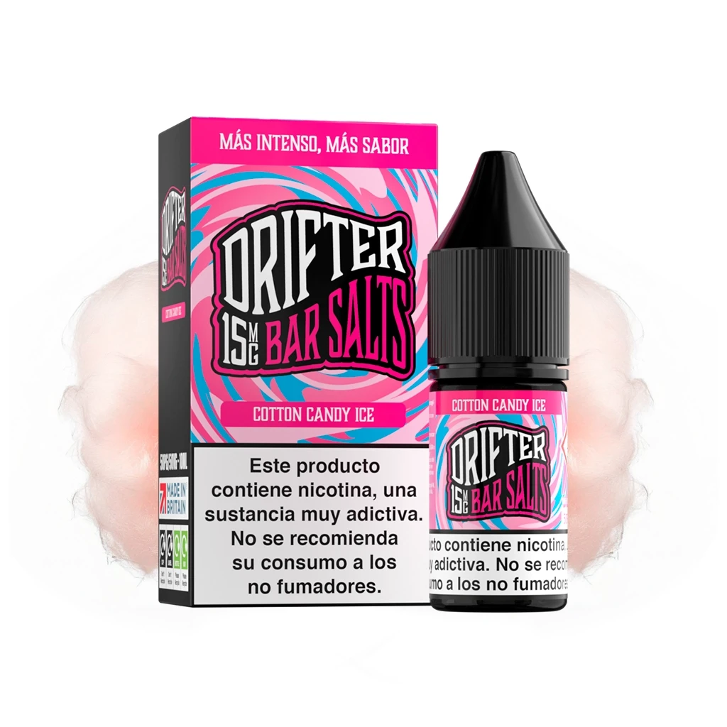 Frasco y caja de Drifter Bar Salts Cotton Candy Ice, con diseño rosa y turquesa y advertencia de nicotina en español.