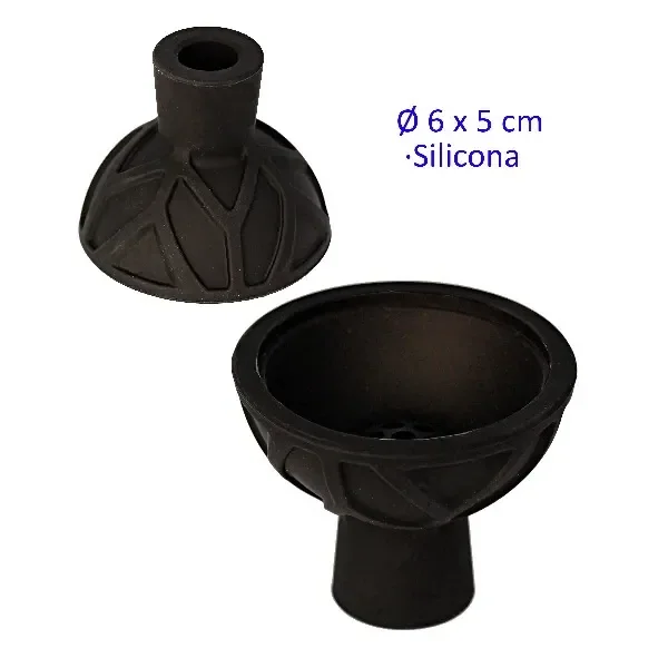 Cazoleta de silicona negra mostrada desde dos ángulos, con recipiente ancho, relieves exteriores y conexión tubular.