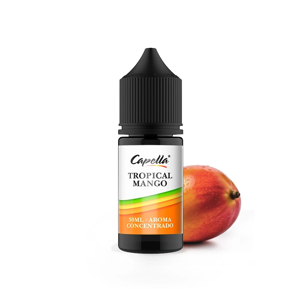 Frasco Capella Tropical Mango de 30 ml con tapón negro estriado y etiqueta naranja, acompañado de un mango sobre fondo blanco.