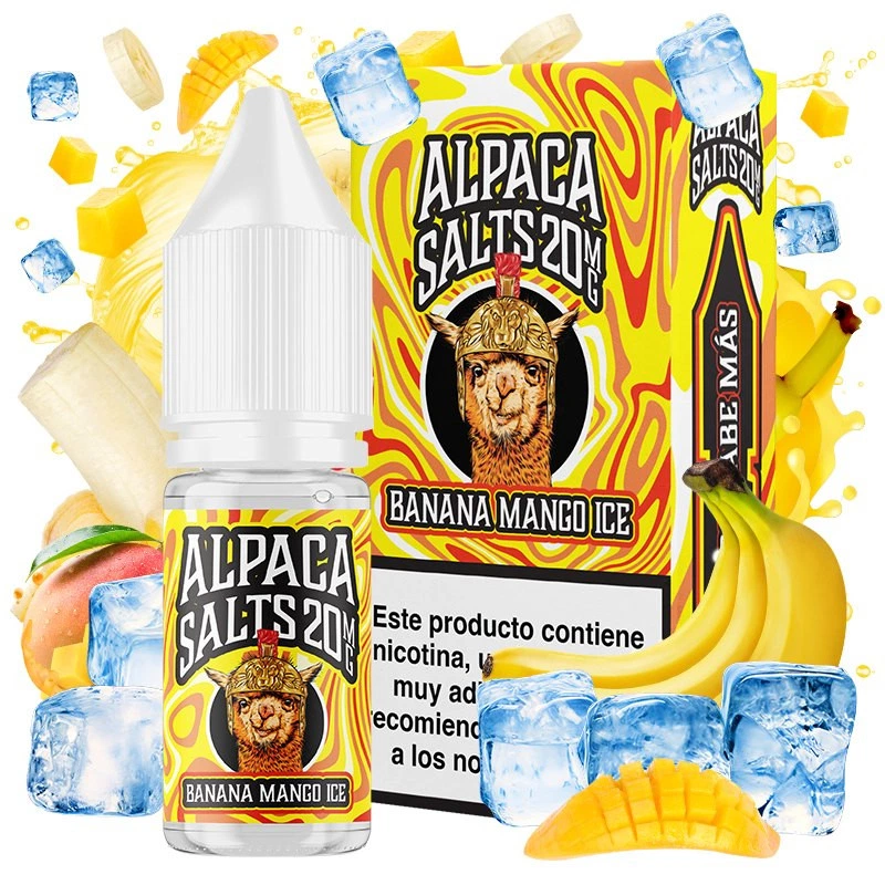 Frasco y caja de Banana Mango Ice de Alpaca Salts, con diseño amarillo y rojo, rodeados de plátanos, mango y cubitos de hielo.