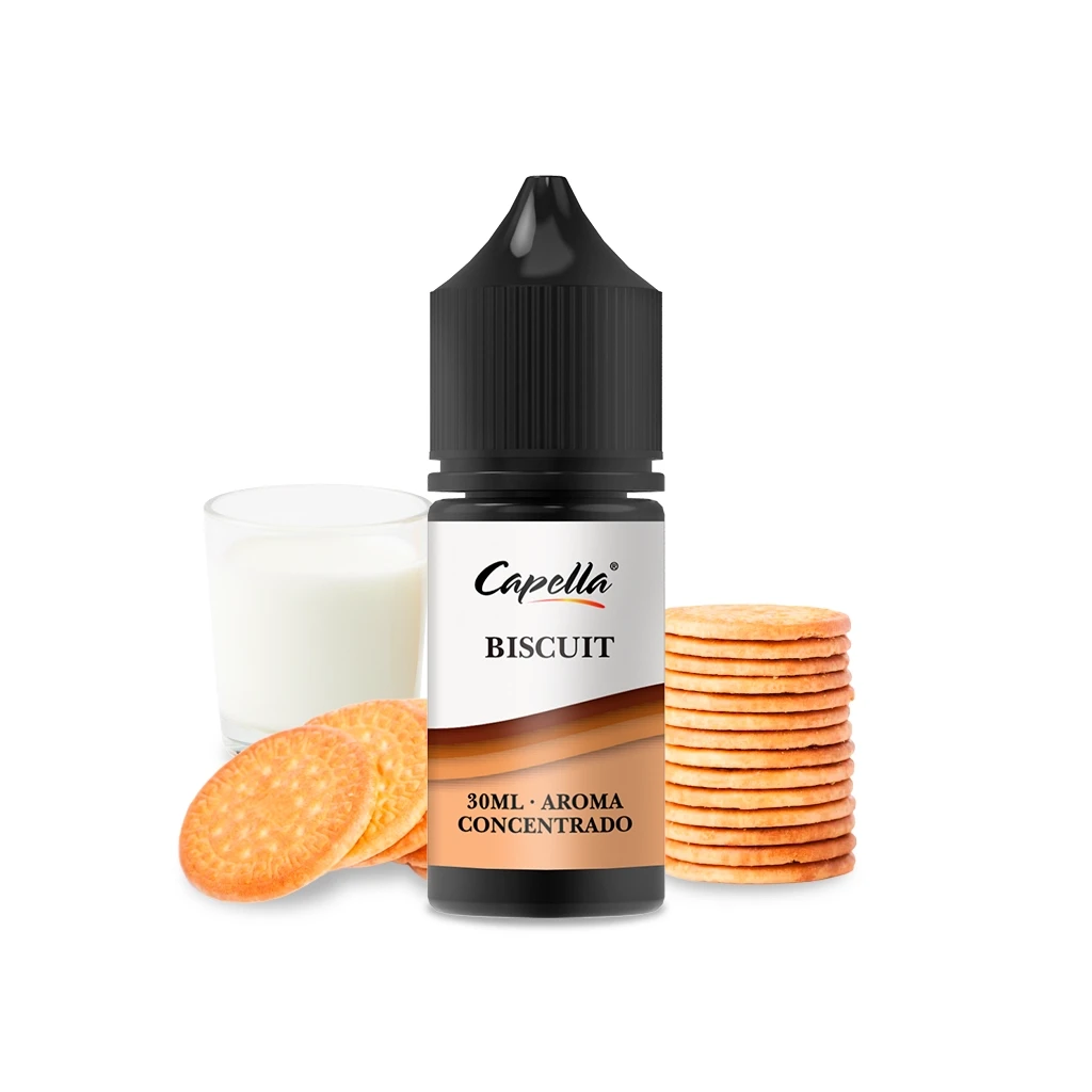 Frasco de aroma Capella Biscuit con tapón negro y etiqueta de 30 ml, acompañado de galletas redondas y un vaso de leche.