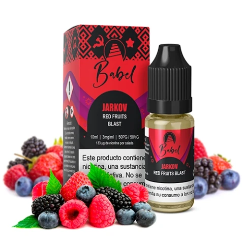 Frasco de Babel Jarkov de 10 ml con tapón negro y su caja roja, rodeados de fresas, frambuesas, moras y arándanos sobre fondo blanco.