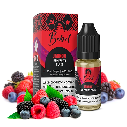 Frasco de Babel Jarkov de 10 ml con tapón negro y su caja roja, rodeados de fresas, frambuesas, moras y arándanos sobre fondo blanco.