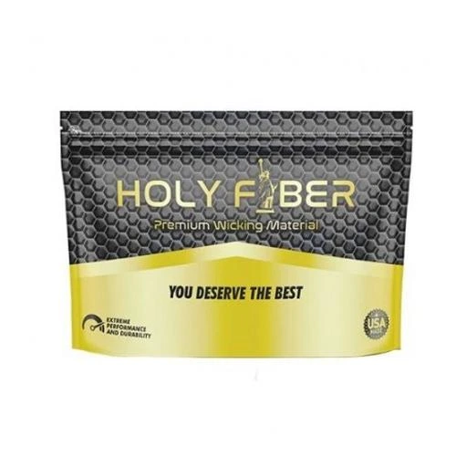 Bolsa de Holy Fiber Cotton con diseño negro de panal y franja amarilla, rotulada «Premium Wicking Material», sobre fondo blanco.
