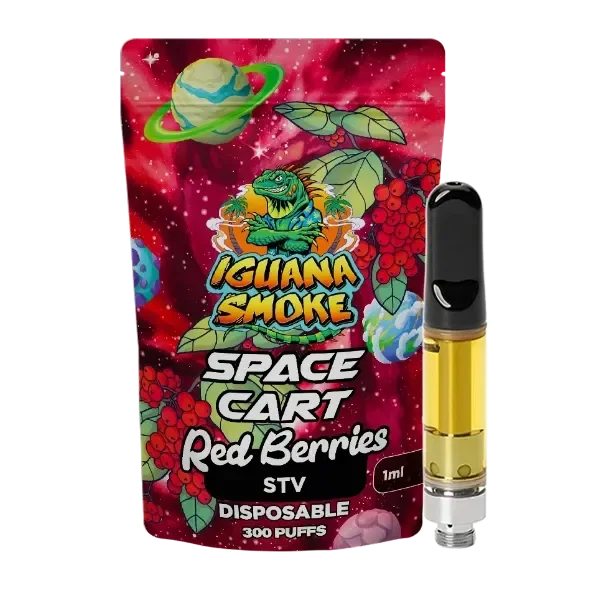 Cartucho Iguana Smoke STV Red Berries de 1 ml con boquilla negra y líquido amarillo, junto a un envase rojo con ilustraciones espaciales.
