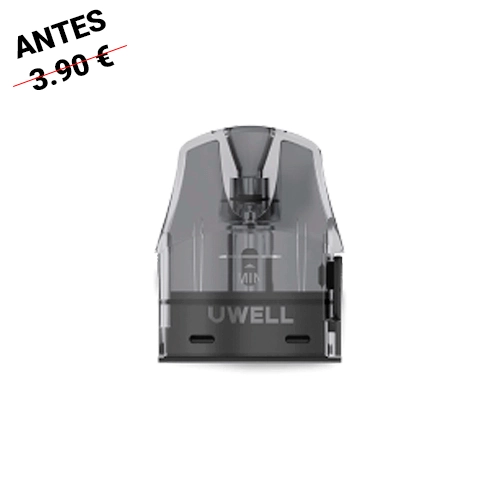 Cartucho de recambio Uwell Sculptor con depósito translúcido gris, boquilla oscura y logotipo UWELL, sobre fondo blanco.