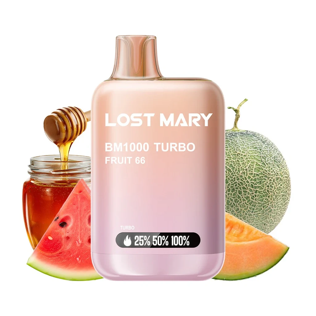 Vaper Lost Mary BM1000 Turbo Fruit 66 en tonos rosa y melocotón, con indicadores de porcentaje, rodeado de sandía, melón y miel.