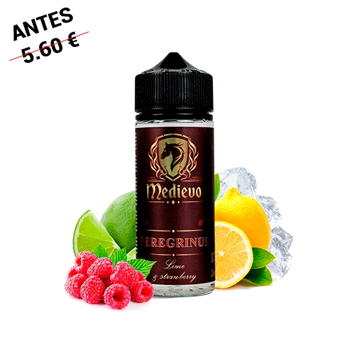 Botella Medievo Peregrinus Longfill con tapón negro y etiqueta granate, rodeada de frambuesas, cítricos y cubitos de hielo.