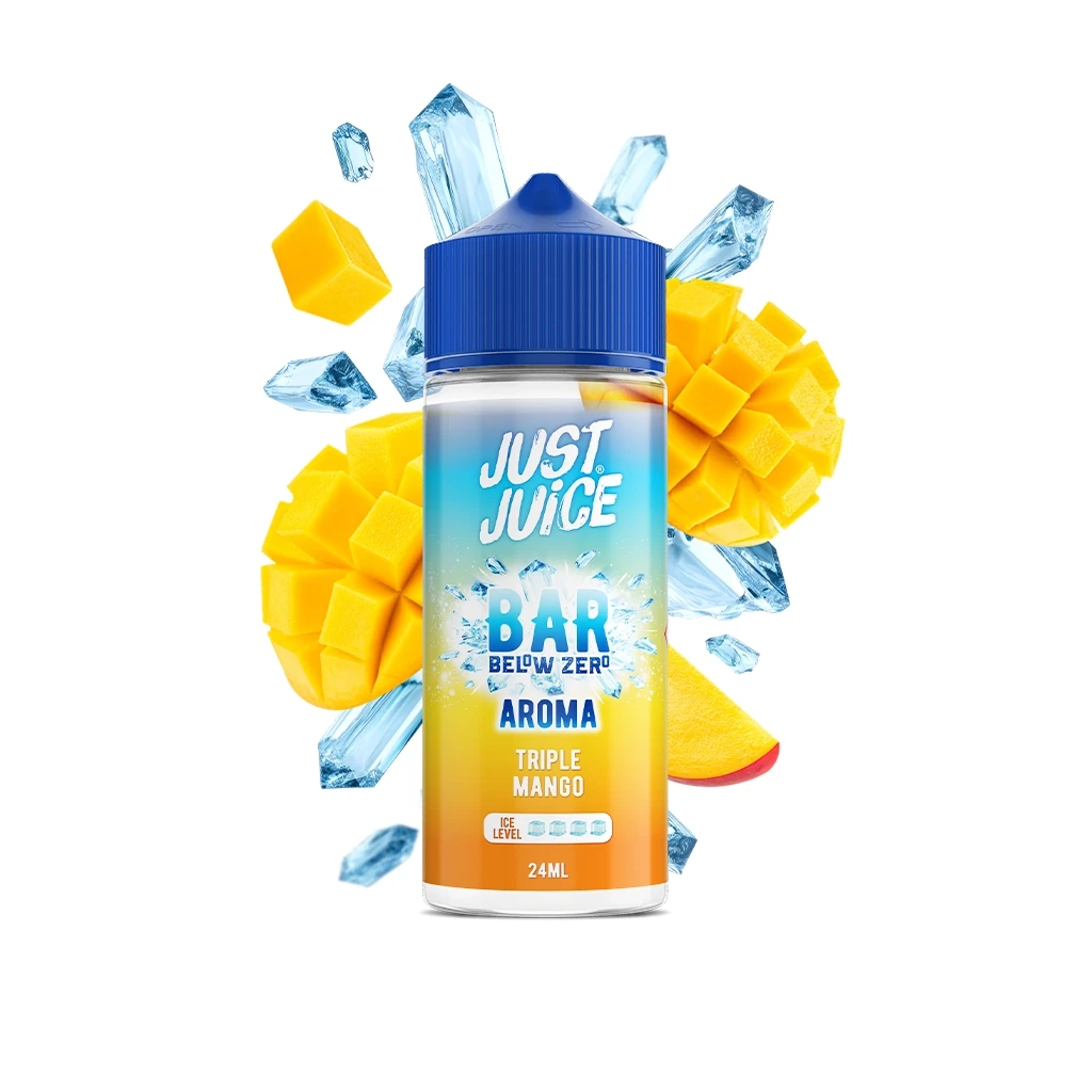Botella Just Juice Below Zero Triple Mango de 24 ml con tapón azul y etiqueta degradada, rodeada de mango cortado y hielo.
