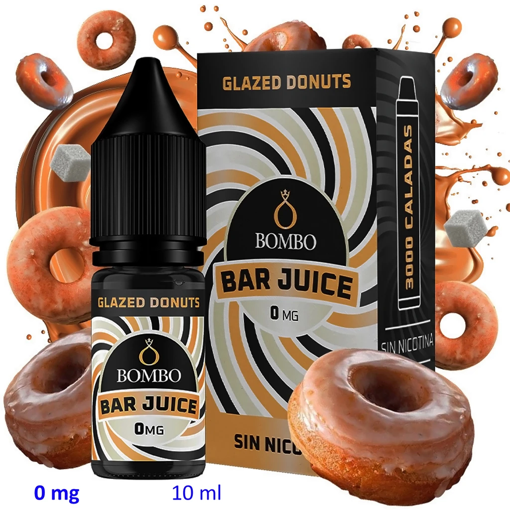 Frasco y caja Bombo Bar Juice Glazed Donuts, con etiquetas de 0 mg y 10 ml, rodeados de dónuts glaseados y salpicaduras marrones.