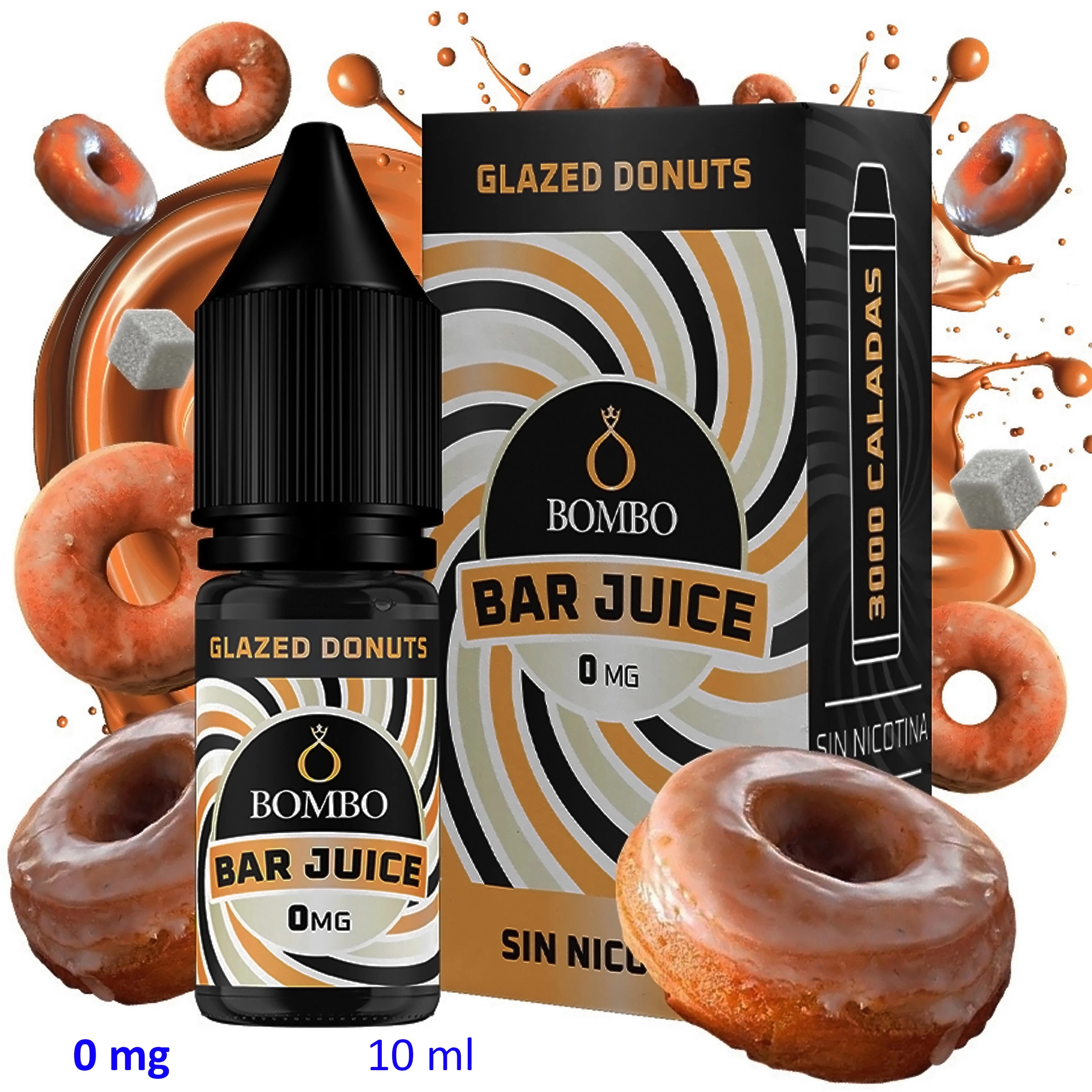 Frasco y caja Bombo Bar Juice Glazed Donuts, con etiquetas de 0 mg y 10 ml, rodeados de dónuts glaseados y salpicaduras marrones.